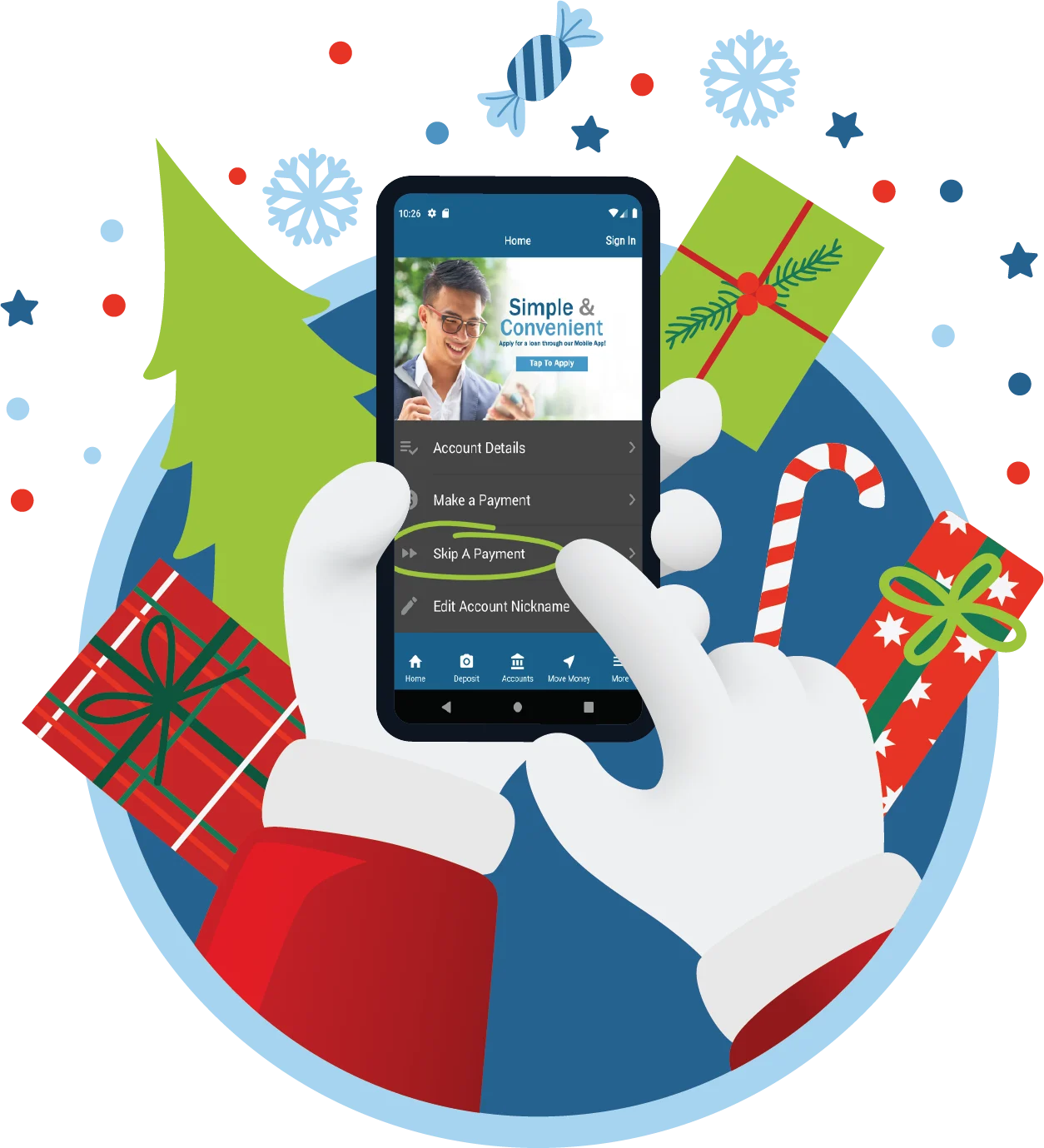 Santa's hands tapping Skip A Payment in the credit union mobile app, surrounded by holiday gifts